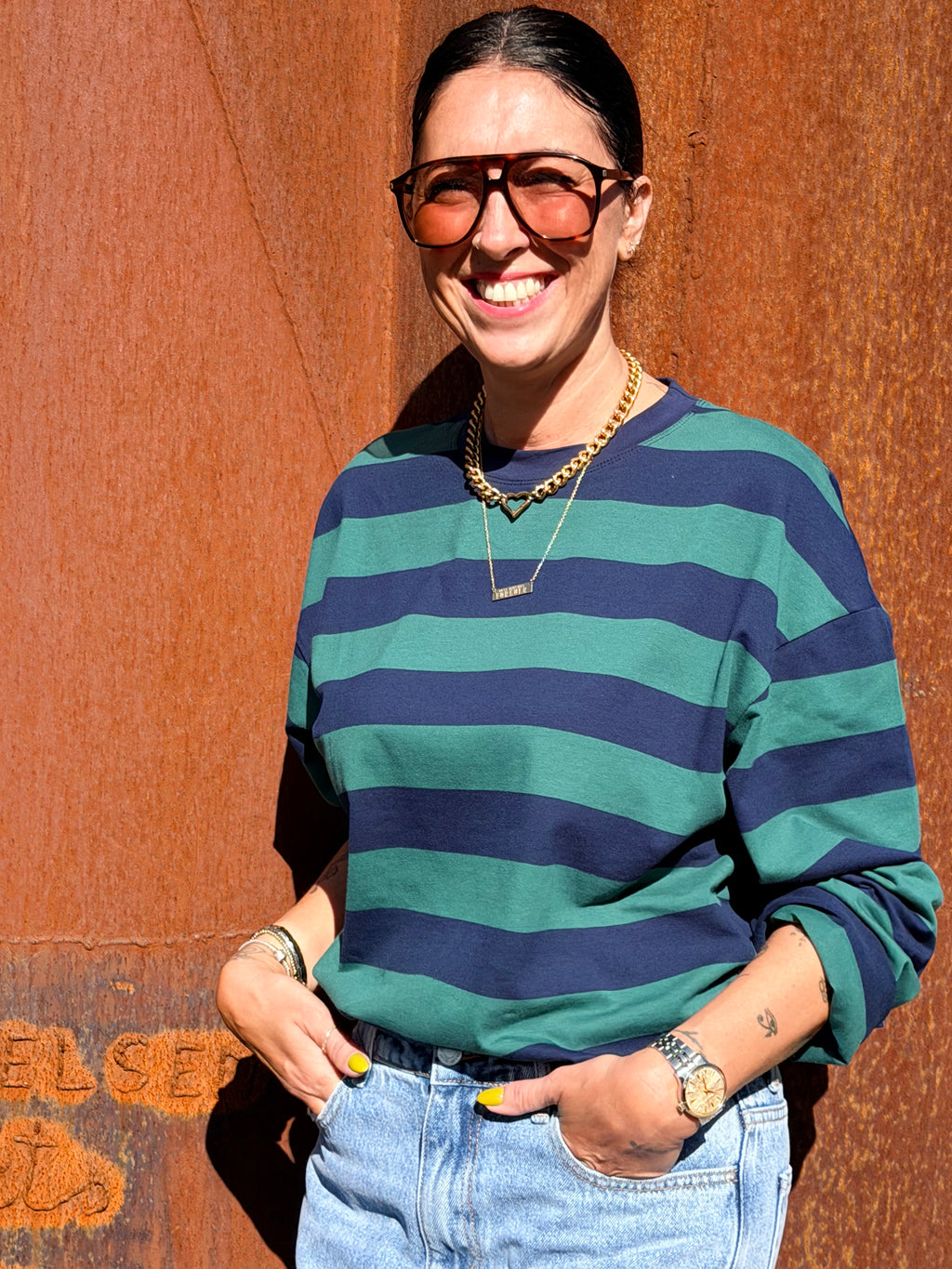 Striped Cotton Longsleeve Tee – Blauw/Groen